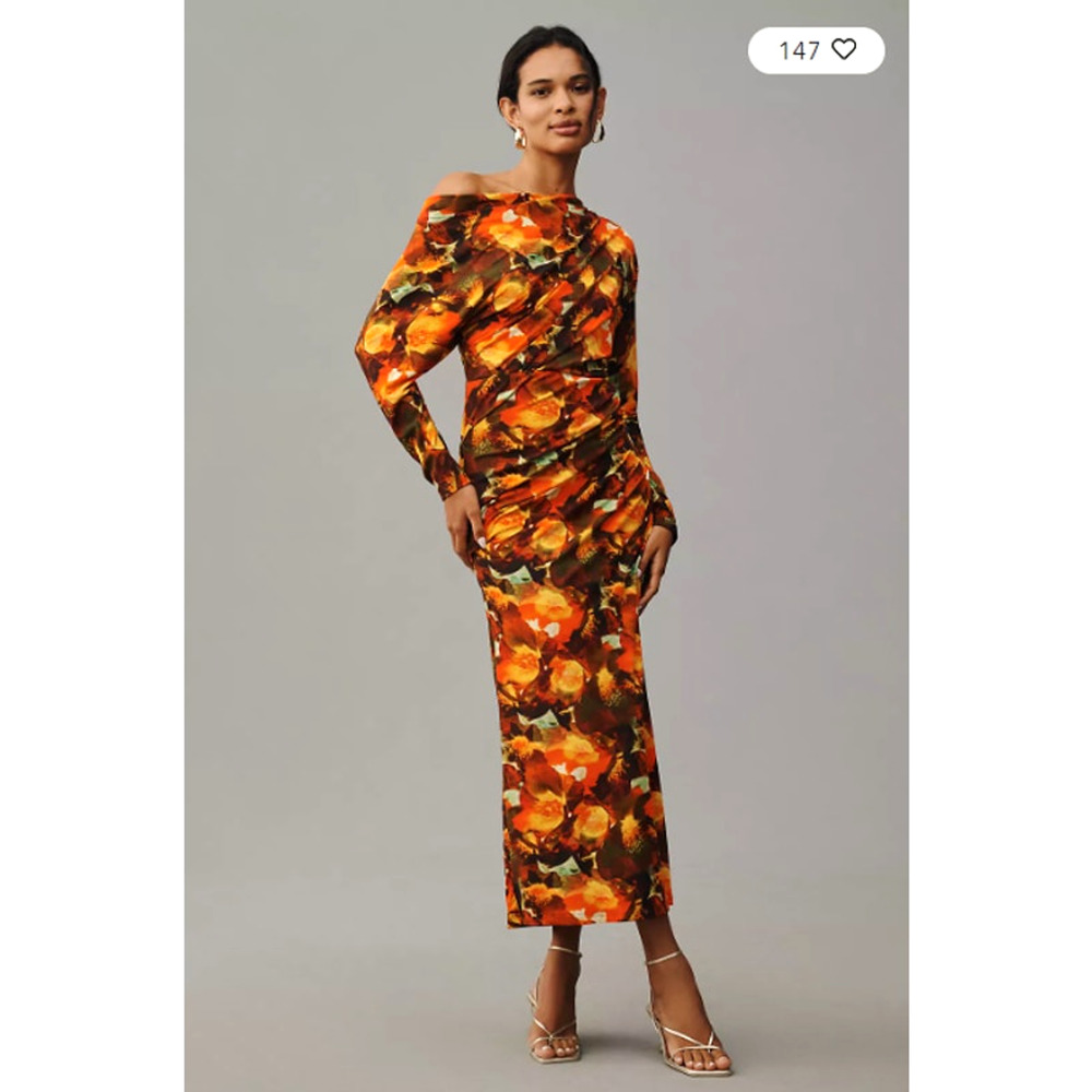 Anthropologie ACLER Burford Midi One Shoulder Ruched Dress in Orange 10 NWT $395